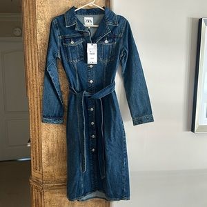 NWT New Zara Denim Sandy Dress With Pockets And Belt Size Small